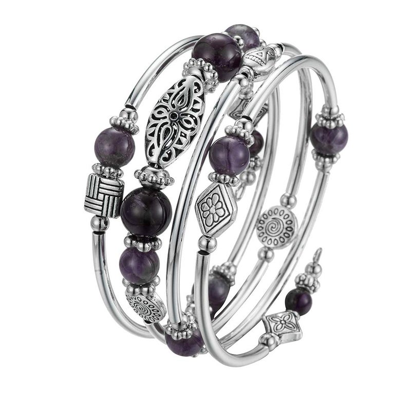 BULINLIN Layered Wrap Bangle Turquoise Bracelet - Bead Bracelet with Natural Agate Stone, Gifts For Women (02-Purple) - Image 4