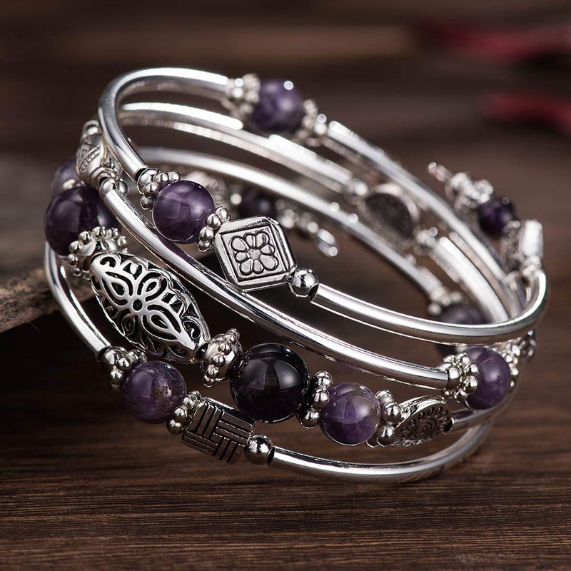 BULINLIN Layered Wrap Bangle Turquoise Bracelet - Bead Bracelet with Natural Agate Stone, Gifts For Women (02-Purple) - Image 3