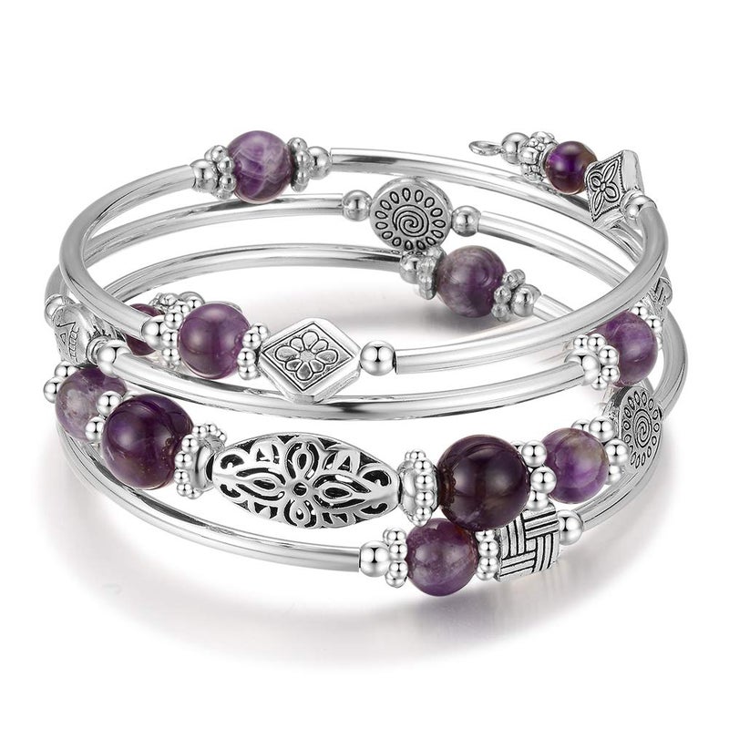 BULINLIN Layered Wrap Bangle Turquoise Bracelet - Bead Bracelet with Natural Agate Stone, Gifts For Women (02-Purple) - Image 1