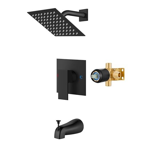 Airuida Shower Faucet Set with Tub Spout Bathtub Faucet Kit Shower Tub Faucet Set Complete Tub Shower Trim Kit with Solid Brass Roughin Valve and Rainfall Square Showerhead6 InchMatte Black - Image 1