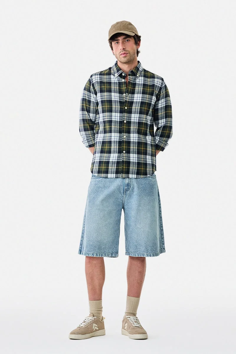 سنيتش Olive Green Checkered Long Sleeve Slim Fit Shirt