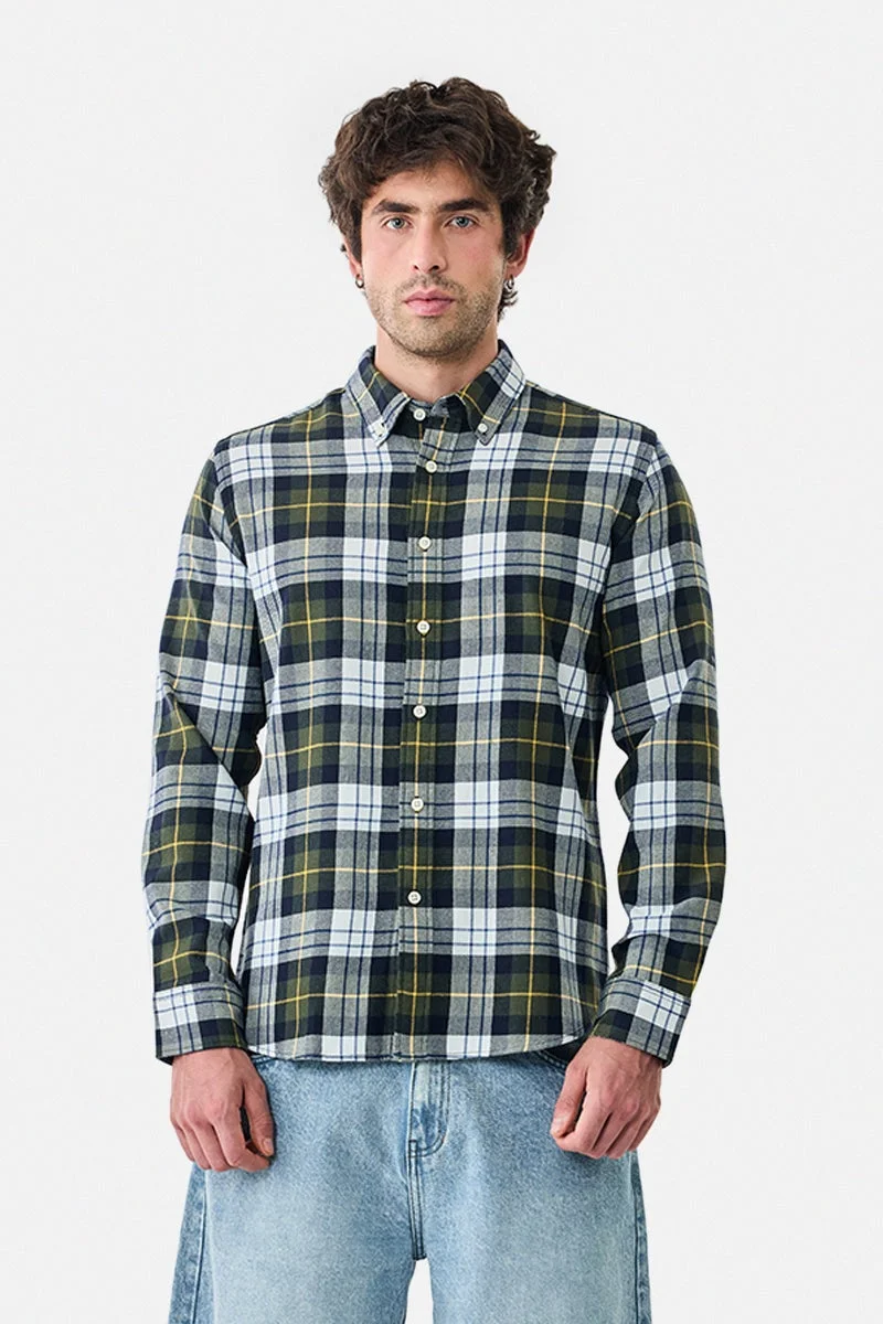 سنيتش Olive Green Checkered Long Sleeve Slim Fit Shirt
