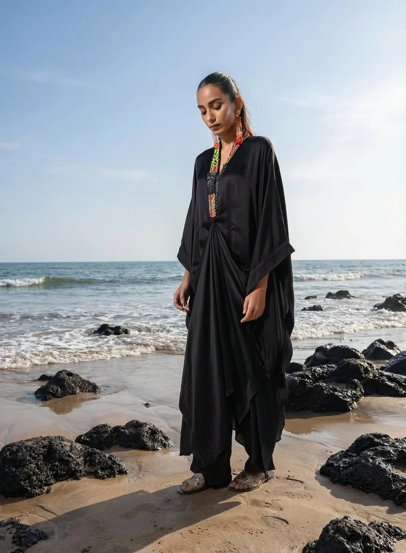 آي شين Black Poly Embroidered Relaxed Fit And Flared Kaftan & Full Length Palazzo Co-Ords For Women