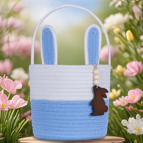 K-MLICE Easter Basket Empty Easter Baskets for Kids Boys Girls with Bunny Tag Egg Basket Eater Gifts Basket Toddler Teens Babys First Easter Basket with Handle Blue White - Image 3