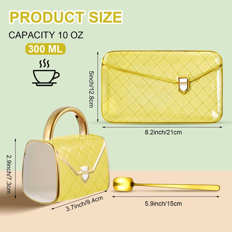 Zubebe 1 Set Coffee Mug Elegant Handbag Shaped Cup Valentine's Day Modern Ceramic Purse Mug with Spoon and Saucer, 10oz Cute Creative Tea Cup for Woman Girls Gift (Light Yellow) - Image 2