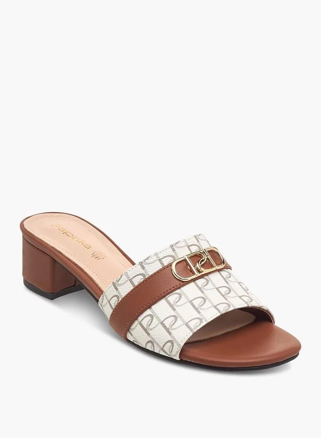 Women Monogram Print Slip-On Sandals with Block Heels
