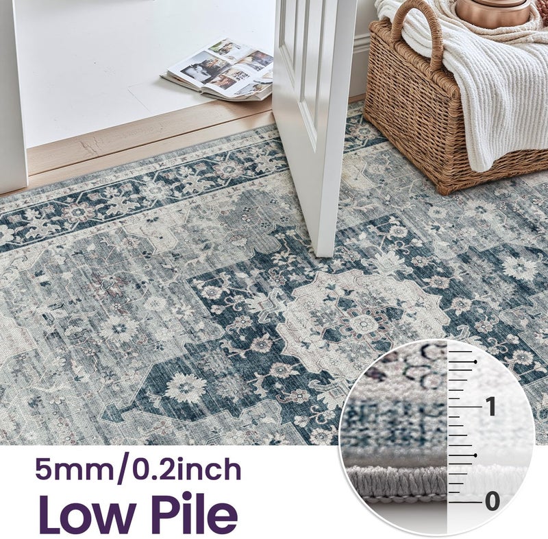 DEXI Area Rug for Living Room, 240x300 cm Washable Vintage Farmhouse Thin Rug Indoor Floor, Non Slip Stain Resistant Low Pile Big Carpet for Dining Room Bedroom Office, Blue - Image 3