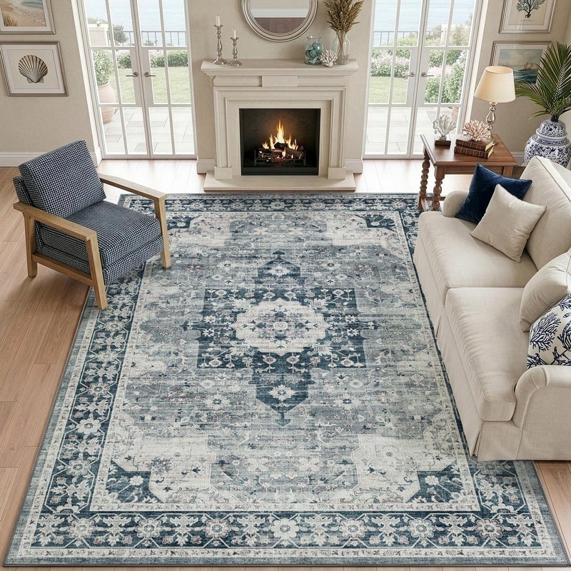 DEXI Area Rug for Living Room, 240x300 cm Washable Vintage Farmhouse Thin Rug Indoor Floor, Non Slip Stain Resistant Low Pile Big Carpet for Dining Room Bedroom Office, Blue - Image 1