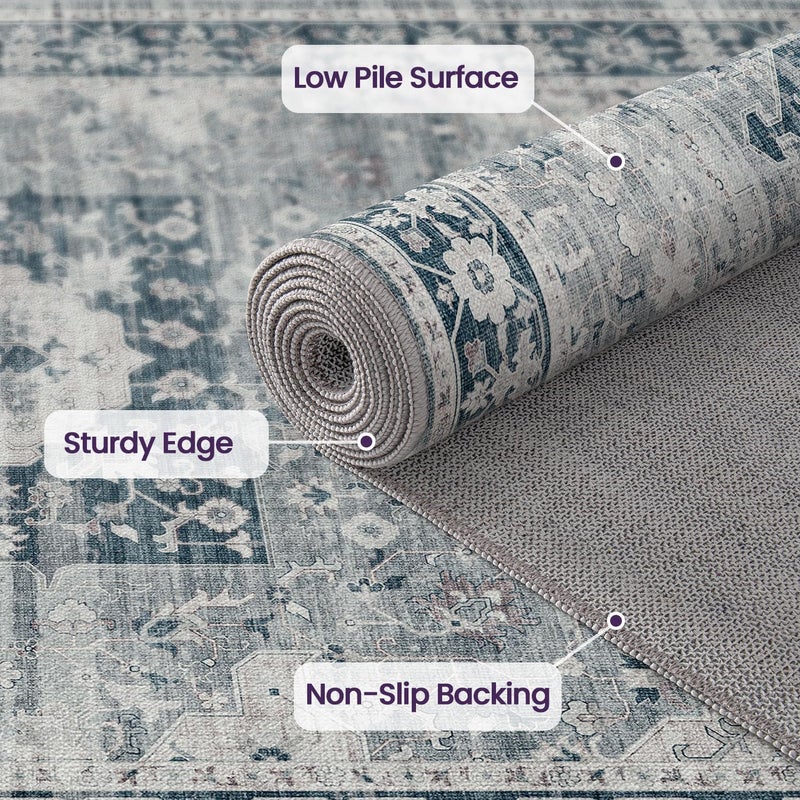 DEXI Area Rug for Living Room, 240x300 cm Washable Vintage Farmhouse Thin Rug Indoor Floor, Non Slip Stain Resistant Low Pile Big Carpet for Dining Room Bedroom Office, Blue - Image 4