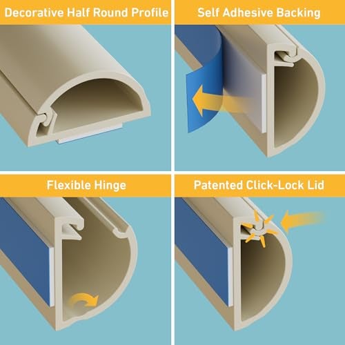 D-Line DLine 314in TV Cord Hider Patented Half Round Cable Cover Hide Wall Mount TV Wires Hinged OnePiece Cable Concealer Adhesive Decorative Raceway 2X 078in W x 039in H x 157in L Beige - Image 3