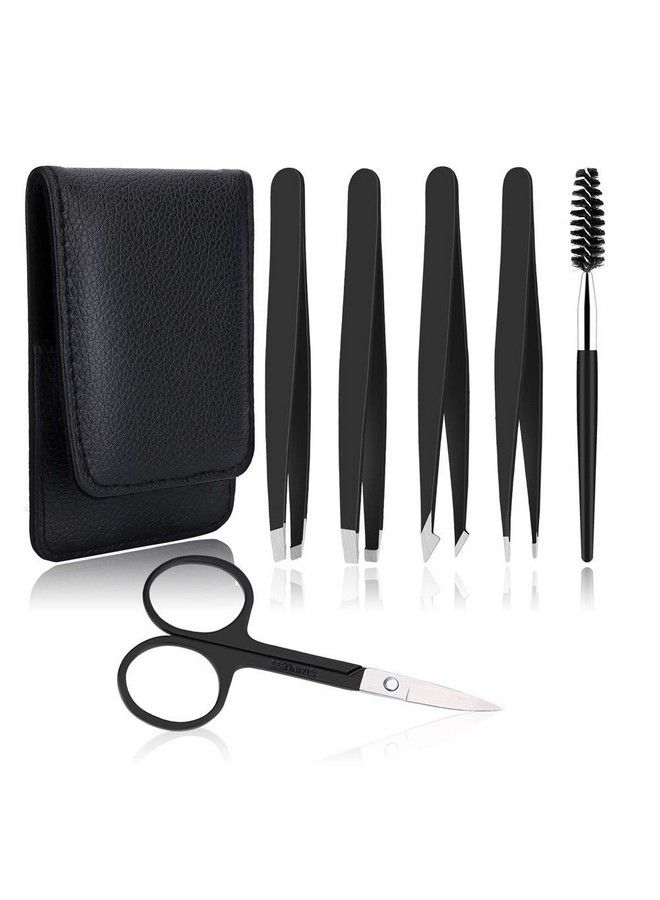 UUBAAR Tweezers Set Uubaar 6 Pcs Precision Eyebrow Tweezers For Women Professional Slanted Pointed Flat Tweezer For Eyebrows Facial Ingrown Hair Wig Plucking Chin Hair Splinters Removal (Black) - Image 2