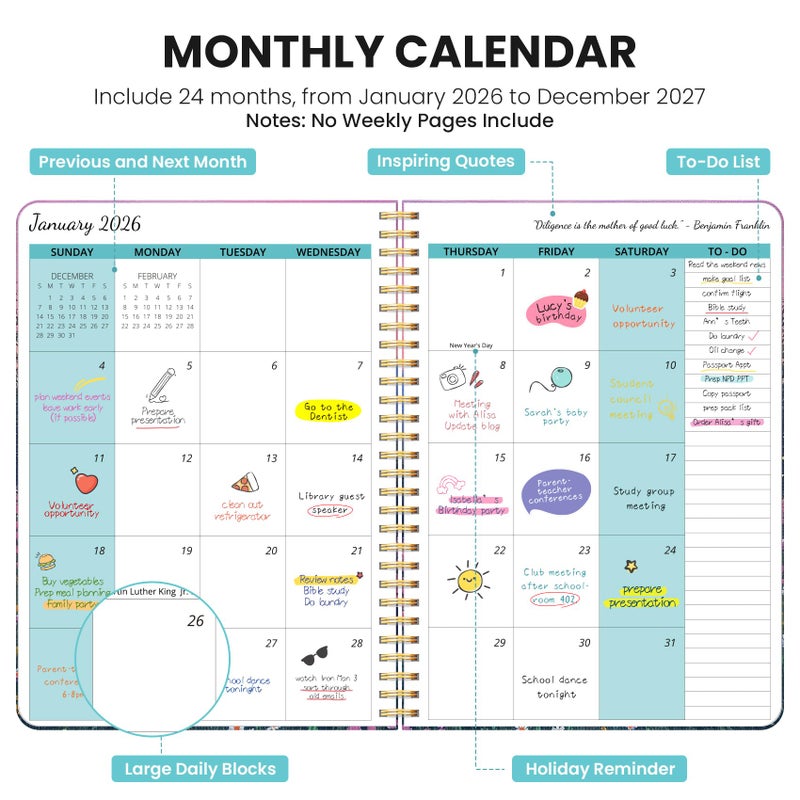 Taja Monthly Planner 2026-2027, Aesthetic 2 Year Months Planner Calendar, 24-Months from January 2026 - December 2027, 26-27 Monthly Calendar Planner, Perfect for School Office Home, 7" x 10" - Twilight Bloom - Image 2