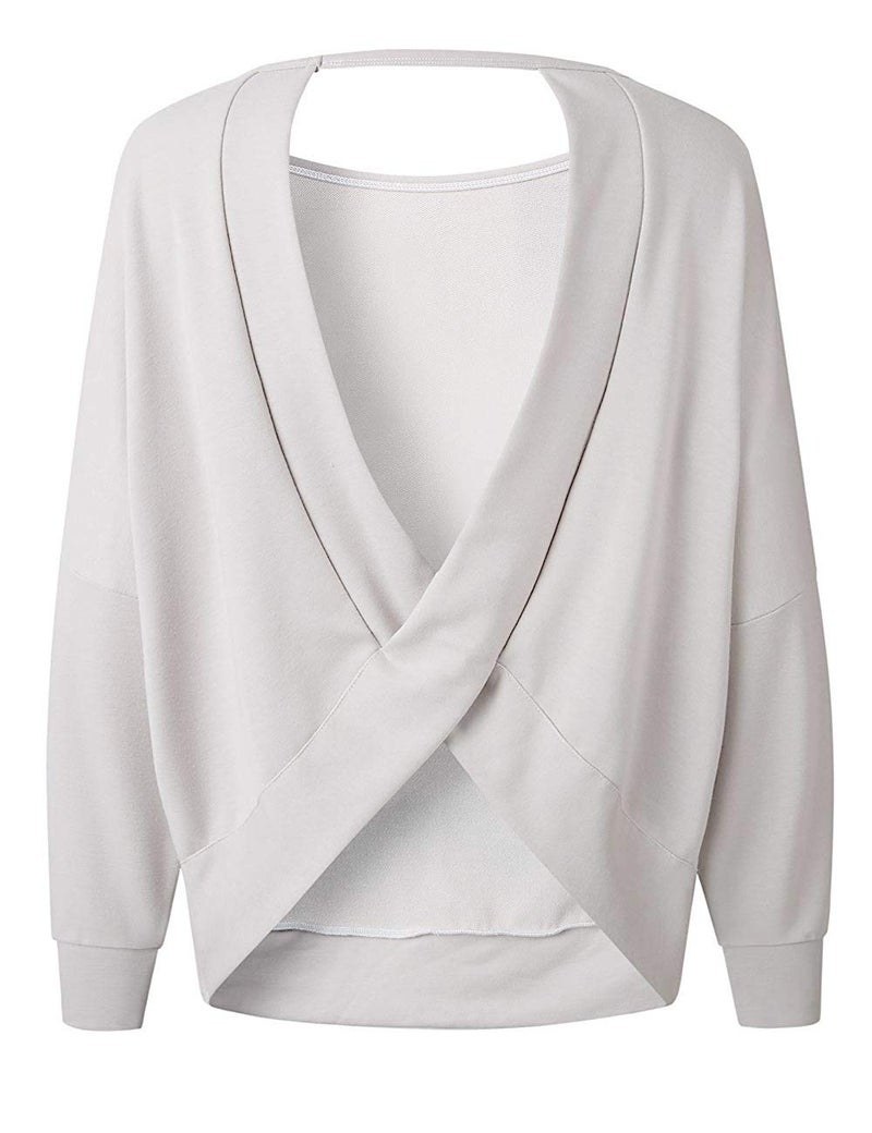 GOLDSTITCH Women's Backless Loose Shirt Long Sleeve Open Back Cross Tee Top Blouse Gray - Image 3