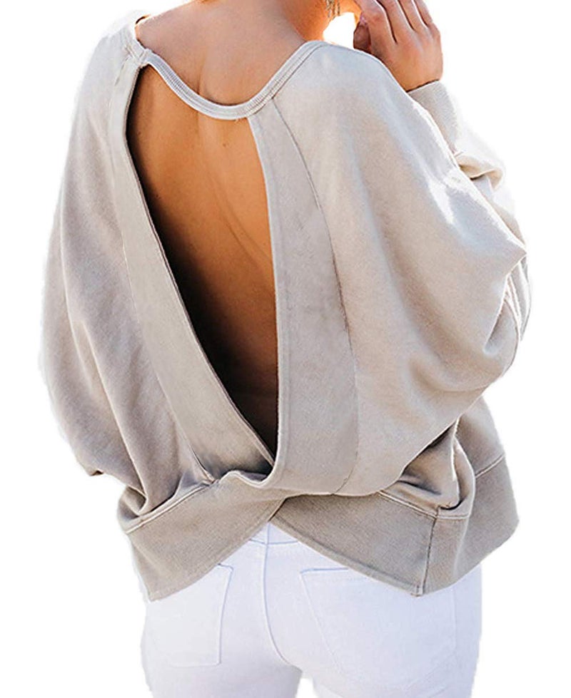 GOLDSTITCH Women's Backless Loose Shirt Long Sleeve Open Back Cross Tee Top Blouse Gray - Image 1