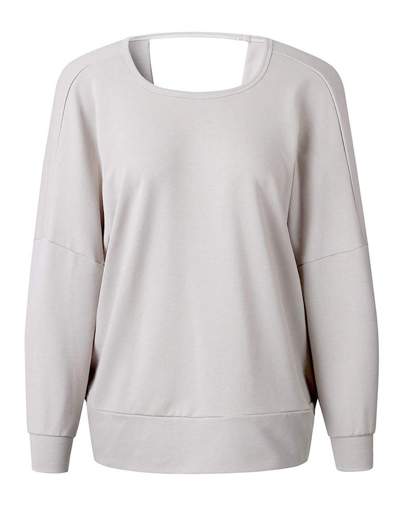 GOLDSTITCH Women's Backless Loose Shirt Long Sleeve Open Back Cross Tee Top Blouse Gray - Image 2