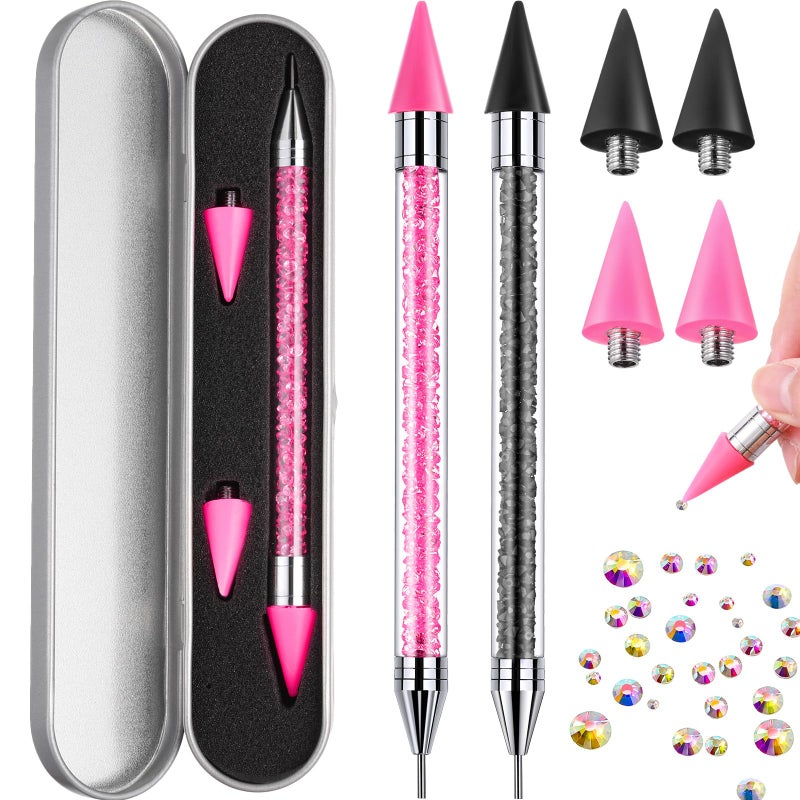 Tatuo 2 Pcs Nail Rhinestone Picker Tool Dual Ended Wax Pen Gem Picker Tool Dotting Pen for Nail Art DIY Rhinestones Dotting Gems Stones Crystals and Charms(Pink, Black) - Image 1