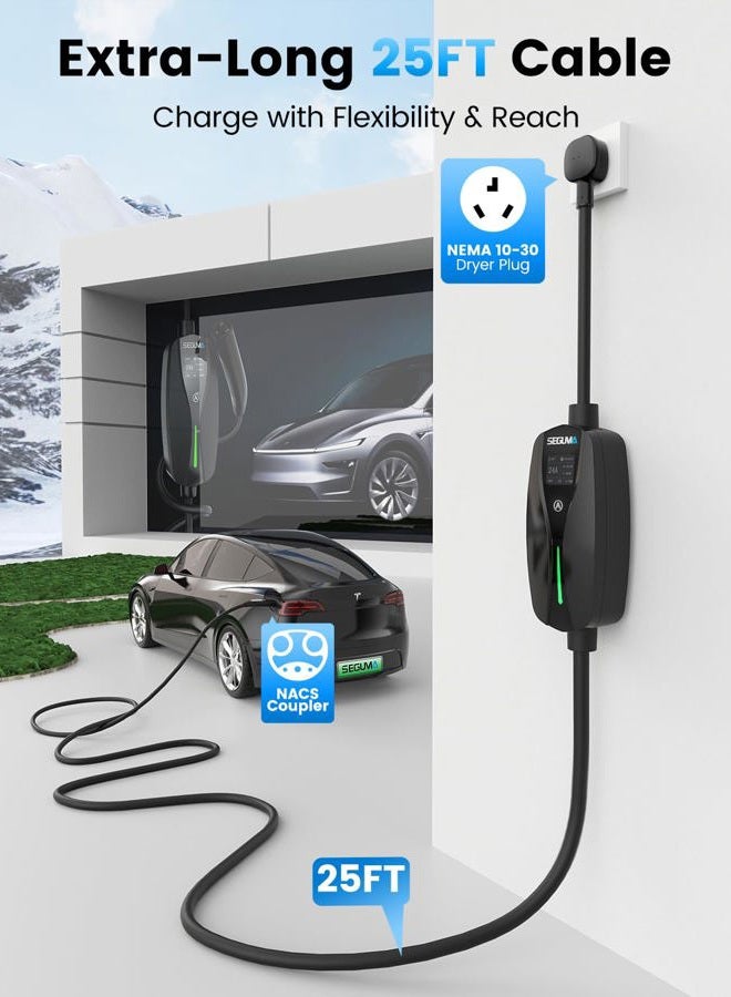 SEGUMA NEMA 10-30 Level 2 Tesla Charger-24A 240V, 25FT Extension Cable, Adjustable Current(10-24A)-Portable Home Mobile EV Charger for Model Y/X/3/S/Cybertruck,NACS Connector for 3-Prong Dryer Outlet - Image 3