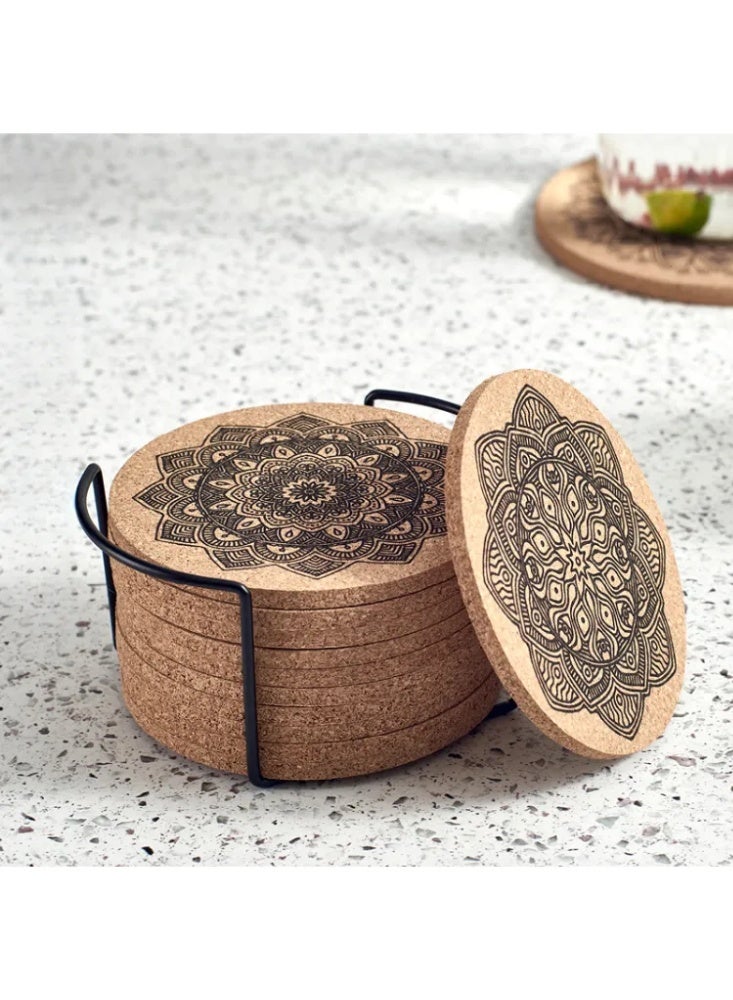 12-Piece Heat Resistant Set: Coasters & Pot Mats with Cork Base + Metal Holder | Wooden Insulation Mat for Table, Coffee, Tea - Image 1