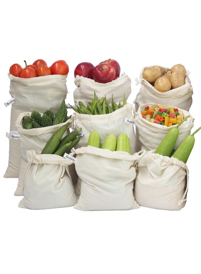Beddify 100% Cotton Set of 9 Reusable Fridge Storage Bags for Vegetables and Fruits Multipurpose Drawstring Eco Friendly Bags (3 Large, 3 Medium & 3 Small Size Bags) - Image 1