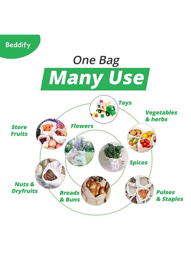 Beddify 100% Cotton Set of 9 Reusable Fridge Storage Bags for Vegetables and Fruits Multipurpose Drawstring Eco Friendly Bags (3 Large, 3 Medium & 3 Small Size Bags) - Image 2