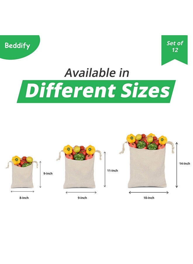 Beddify 100% Cotton Set of 9 Reusable Fridge Storage Bags for Vegetables and Fruits Multipurpose Drawstring Eco Friendly Bags (3 Large, 3 Medium & 3 Small Size Bags) - Image 3