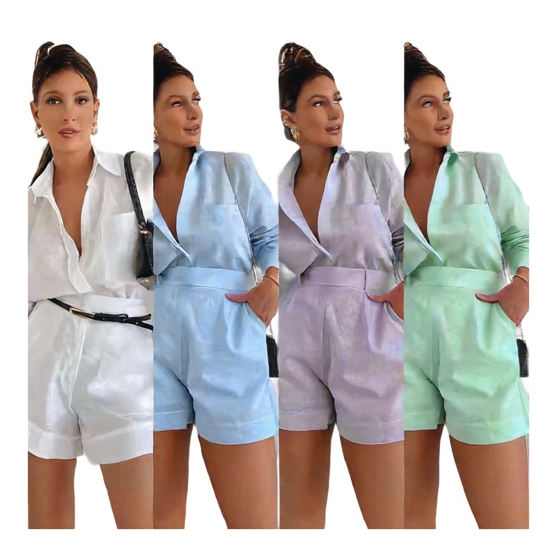 Women's Casual Short Suit Set with Long Sleeve Shirt - Image 1