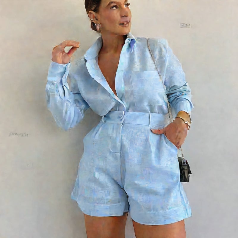 Women's Casual Short Suit Set with Long Sleeve Shirt - Image 2