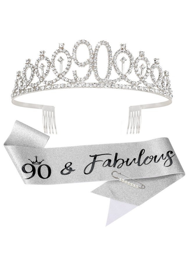 Vovii 90th Birthday Sash and Tiara, Silver Tiara, 90th Birthday Gifts for Women, 90th Birthday Decorations for Women, Happy 90th Birthday Decorations - Image 1