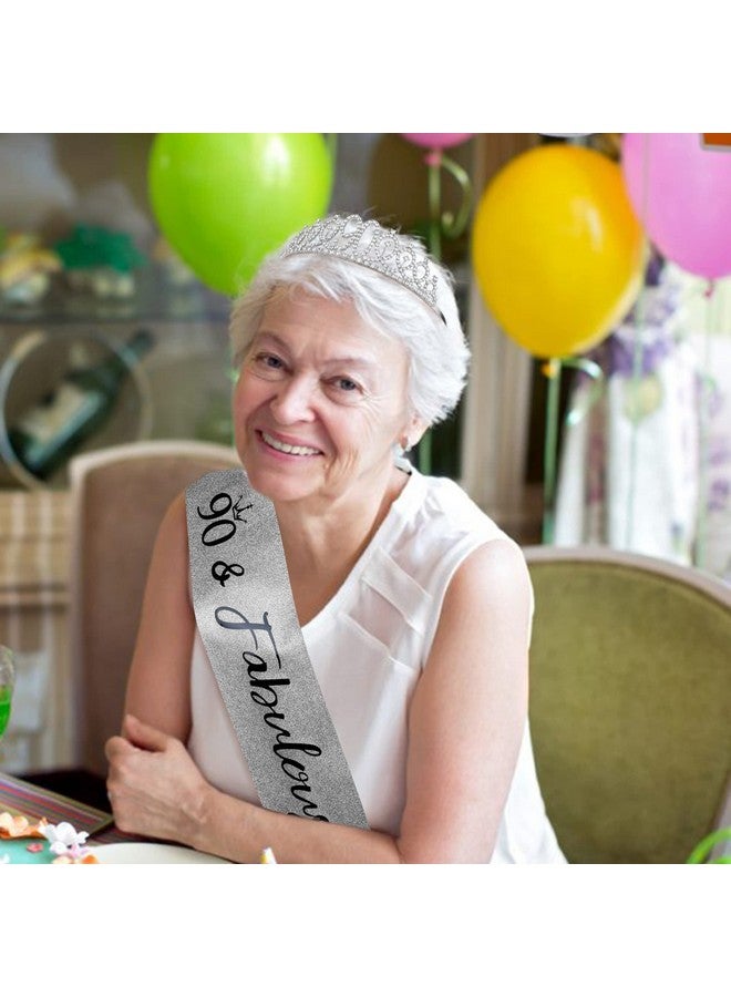 Vovii 90th Birthday Sash and Tiara, Silver Tiara, 90th Birthday Gifts for Women, 90th Birthday Decorations for Women, Happy 90th Birthday Decorations - Image 2