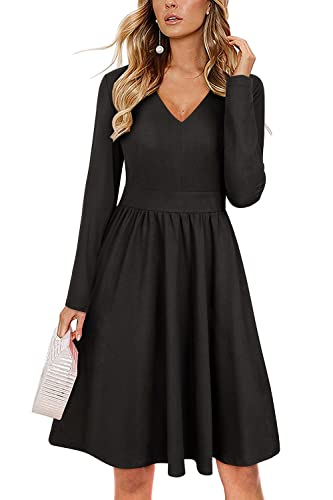 ULTRANICE Black Long Sleeve Dress Womens 2025 Trendy Spring Casual Wedding Guest Semi Formal Party Vavation Outfits Fashion Clothes V Neck Midi Dresses with Pockets(Black A,XXL) - Image 1