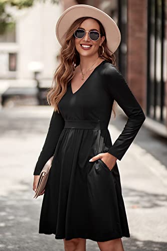 ULTRANICE Black Long Sleeve Dress Womens 2025 Trendy Spring Casual Wedding Guest Semi Formal Party Vavation Outfits Fashion Clothes V Neck Midi Dresses with Pockets(Black A,XXL) - Image 3