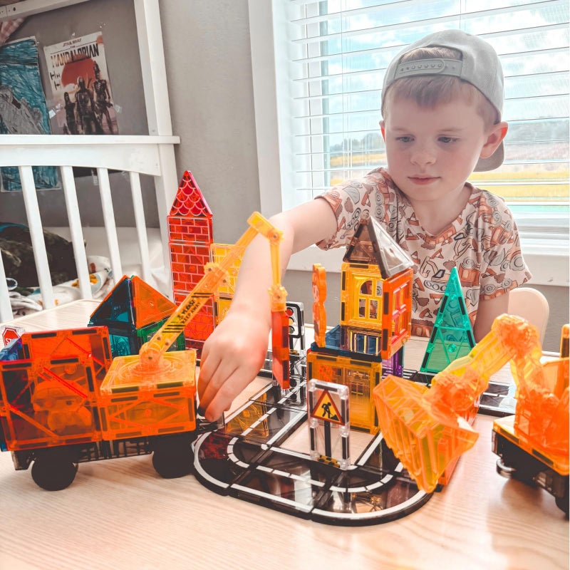 IGIVI 106PCS Magnetic Tiles Road Construction Set - STEM Magnet Building Blocks with Excavator & Crane - Educational Toys Games for Kids Ages 3-12 - Toddler Toys Gifts for Boys and Girls - Image 4