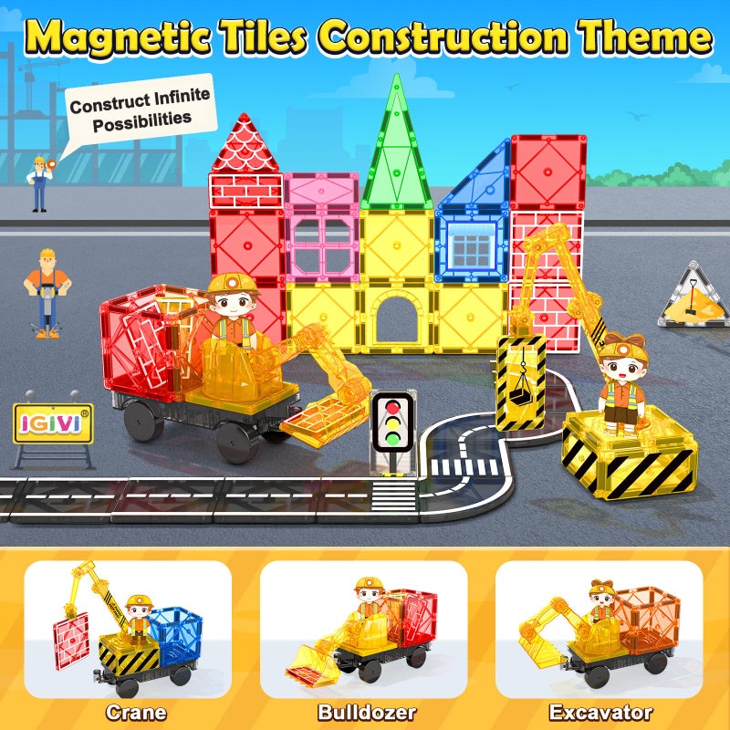 IGIVI 106PCS Magnetic Tiles Road Construction Set - STEM Magnet Building Blocks with Excavator & Crane - Educational Toys Games for Kids Ages 3-12 - Toddler Toys Gifts for Boys and Girls - Image 2