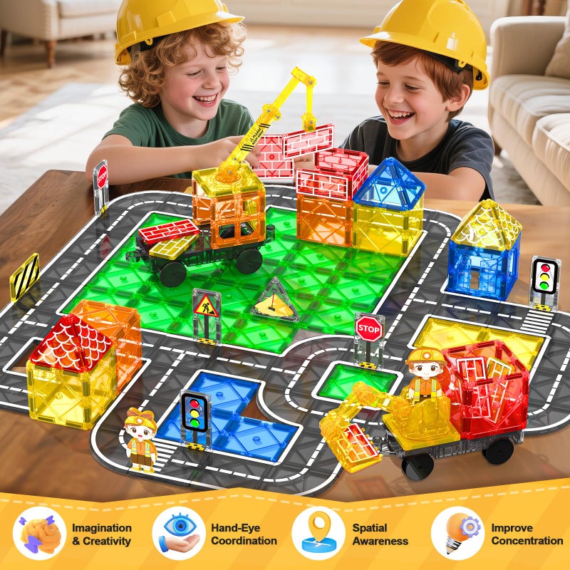 IGIVI 106PCS Magnetic Tiles Road Construction Set - STEM Magnet Building Blocks with Excavator & Crane - Educational Toys Games for Kids Ages 3-12 - Toddler Toys Gifts for Boys and Girls - Image 5