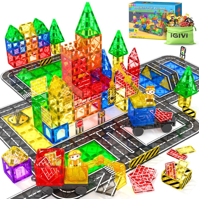IGIVI 106PCS Magnetic Tiles Road Construction Set - STEM Magnet Building Blocks with Excavator & Crane - Educational Toys Games for Kids Ages 3-12 - Toddler Toys Gifts for Boys and Girls - Image 1
