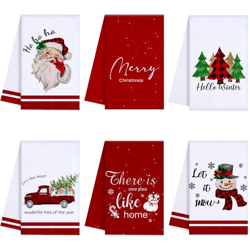 Oudain Sets of 6 Christmas Kitchen Towels and Dishcloths Xmas Winter Santa Christmas Tree Snowman Dish Kitchen Hand Towels Kit Novelty Gifts for Party Supplies