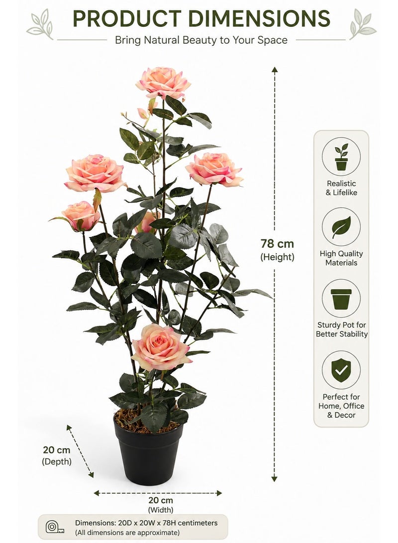 Marcolo Artificial Peach Rose Plant Large Size with Pot – Realistic Faux Flower Tree for Home & Office Decor, Tall Indoor Decorative Plant 78cm - Image 3