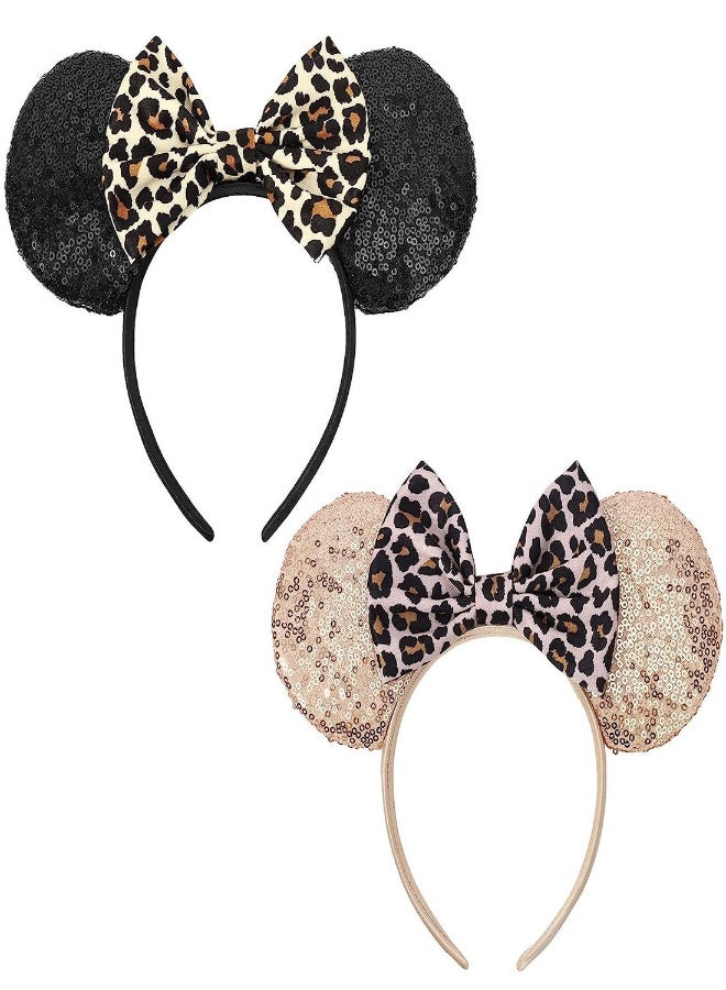 Mouse Ears Headbands 2Pcs Leopard Cheetah Mouse Ears Glitter Leopard Print Headbands for Women Girls Sequin Animal Ears Bow Headband for Cosplay Costume Amusement Park Hair Accessories - Image 1