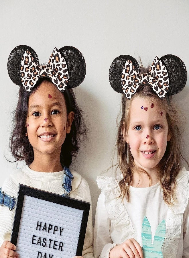 Mouse Ears Headbands 2Pcs Leopard Cheetah Mouse Ears Glitter Leopard Print Headbands for Women Girls Sequin Animal Ears Bow Headband for Cosplay Costume Amusement Park Hair Accessories - Image 2