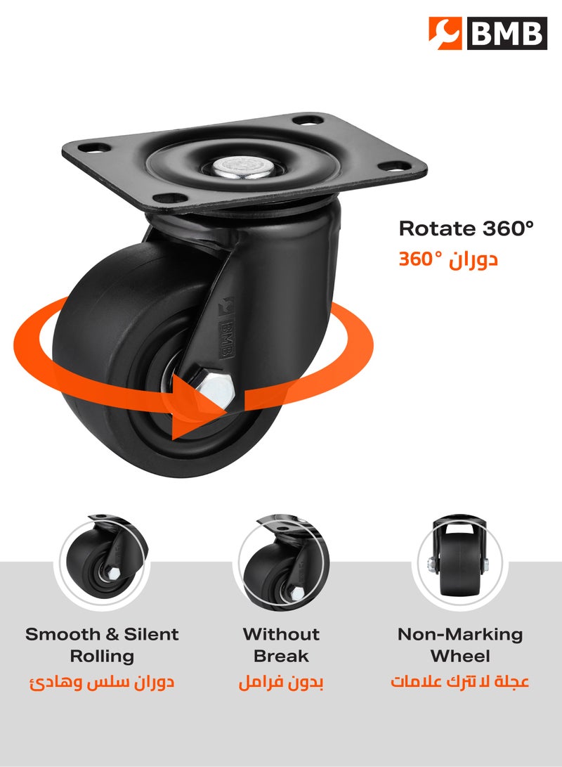 LAWAZIM 3-inch Plate Swivel Caster Wheels Set of 4 Heavy Duty, Load Capacity 2200lbs, Low Gravity Center Black Extra Width Caster Swivel, Durable & Quiet & Sturdy Nylon Wheels for Industrial - Image 4