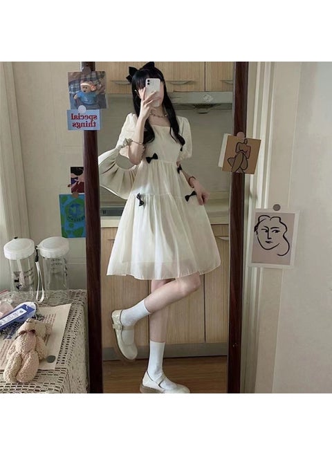 Summer Waist-Fitted Whitepuff Sleevebow Dress Short Skirt Womens Sensibility Niche First Love Style Other Pattern Type Apricot