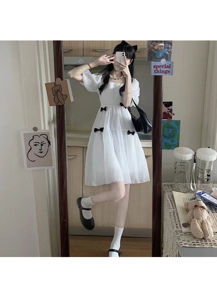 Generic - Summer Waist-Fitted Whitepuff Sleevebow Dress Short Skirt Womens Sensibility Niche First Love Style Other Pattern Type Apricot - Image 1