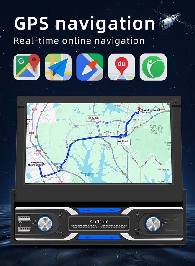 TUNKE Android 13 Car Radio with Retractable Screen, 7” Touch Display, GPS Navigation, CarPlay & Android Auto, WiFi/BT, Reverse Camera Support, RDS, Dual USB - Image 4