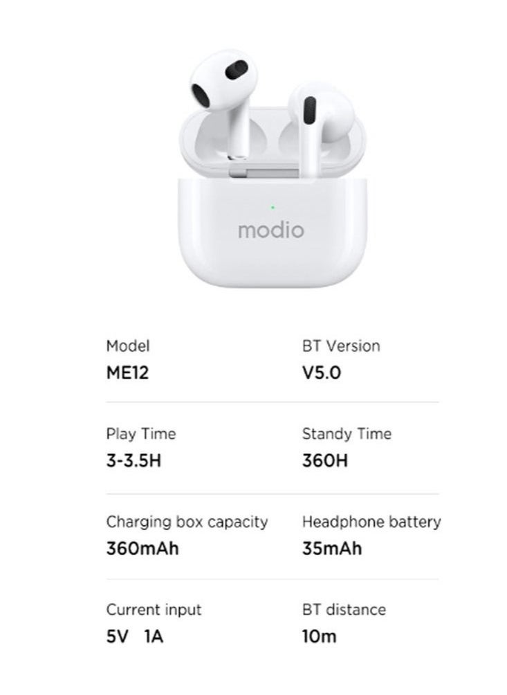 modio - ME12 Bluetooth Wireless Earbuds – High-Fidelity Audio with Noise Isolation, Secure Fit, Long Battery Life & Smart Touch Control – Perfect for Music, Calls & Everyday Use – Universal Compatibility with Android & iPhone – White - Image 1