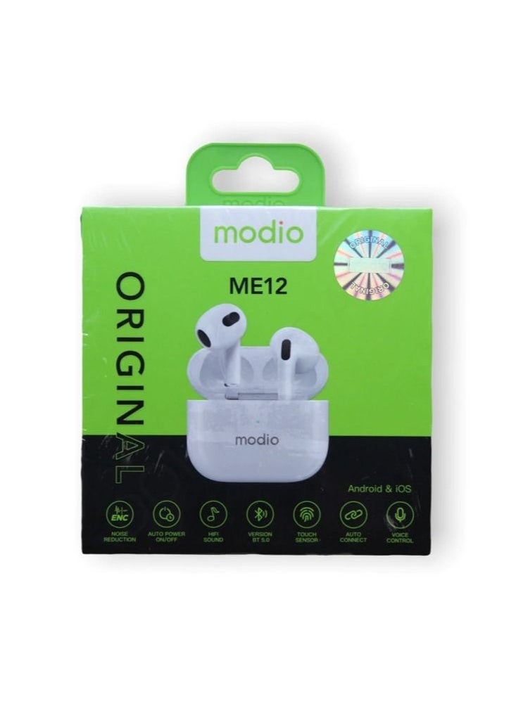 modio - ME12 Bluetooth Wireless Earbuds – High-Fidelity Audio with Noise Isolation, Secure Fit, Long Battery Life & Smart Touch Control – Perfect for Music, Calls & Everyday Use – Universal Compatibility with Android & iPhone – White - Image 1