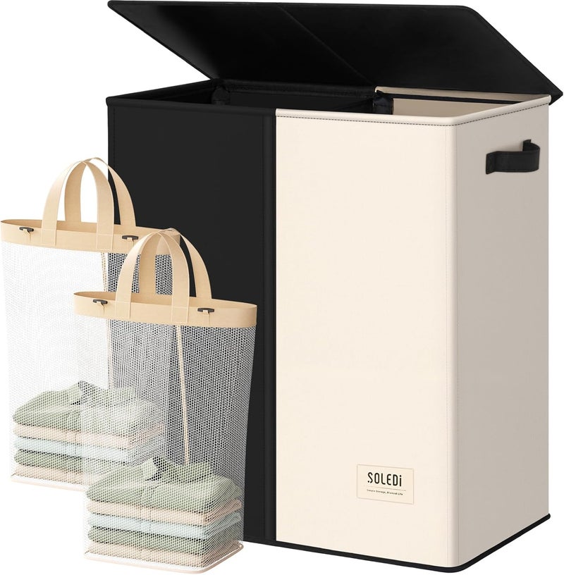 SOLEDI 145L Laundry Basket, Laundry Hamper, 2 Compartments with Lid and 2 Laundry Bags, Laundry Sorter Large XXXL for Bathroom, Bedroom, Laundry Room, Children's Room, 2 x 72.5 L, Black + Beige - Image 1