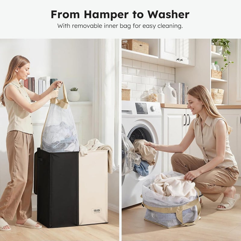 SOLEDI 145L Laundry Basket, Laundry Hamper, 2 Compartments with Lid and 2 Laundry Bags, Laundry Sorter Large XXXL for Bathroom, Bedroom, Laundry Room, Children's Room, 2 x 72.5 L, Black + Beige - Image 4