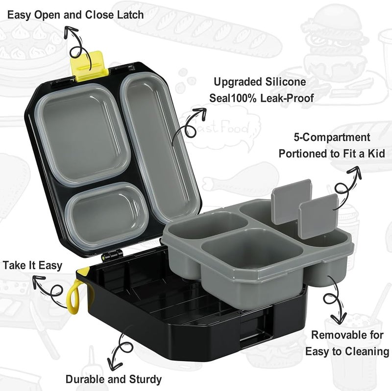 ITSLIFE Kids Bento Lunch Box with Thermal Soup Bag, 12 Ounce Capacity, Leakproof Food Containers, 5 Compartments, Sauce Cup, 10 Notes, Its Life (Dinosaurs Black) - Image 4