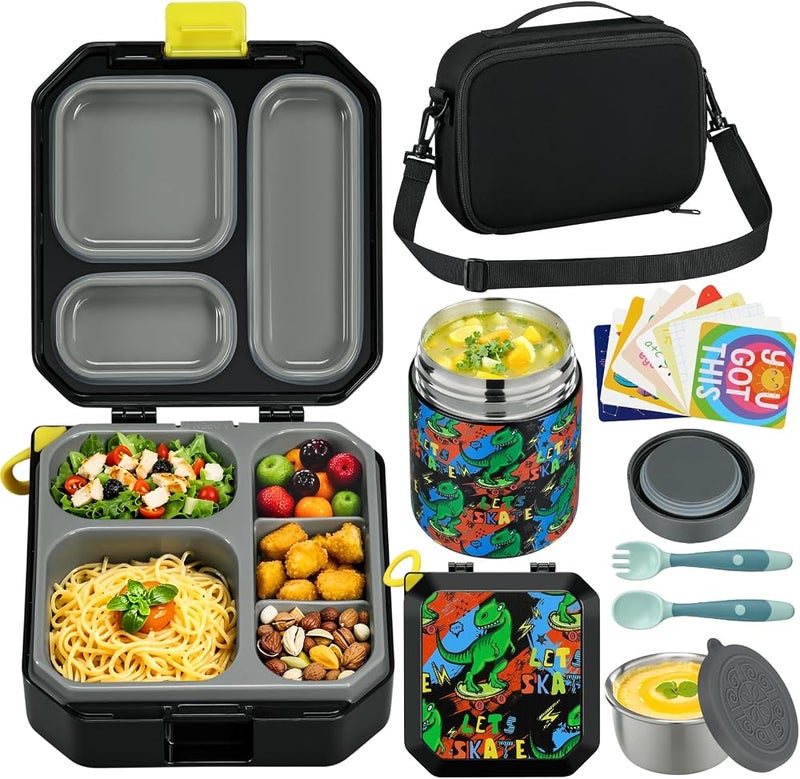 ITSLIFE Kids Bento Lunch Box with Thermal Soup Bag, 12 Ounce Capacity, Leakproof Food Containers, 5 Compartments, Sauce Cup, 10 Notes, Its Life (Dinosaurs Black) - Image 1