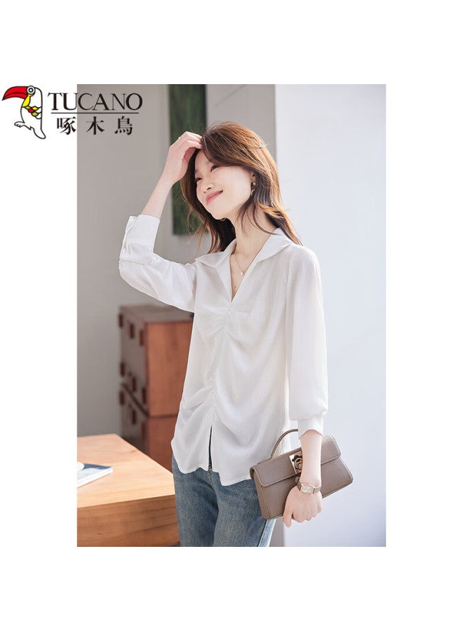 Wood Women's Long Sleeve Shirt Vintage Design Autumn Casual Lightweight Draped Blouse White 2XL